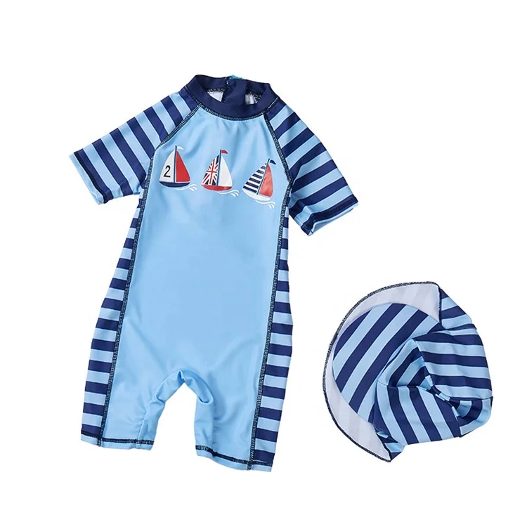 

Polyester Fiber Boy Baby Stylish Children Swimwear Toddler Swimsuits With Hat, One-piece striped sailboat