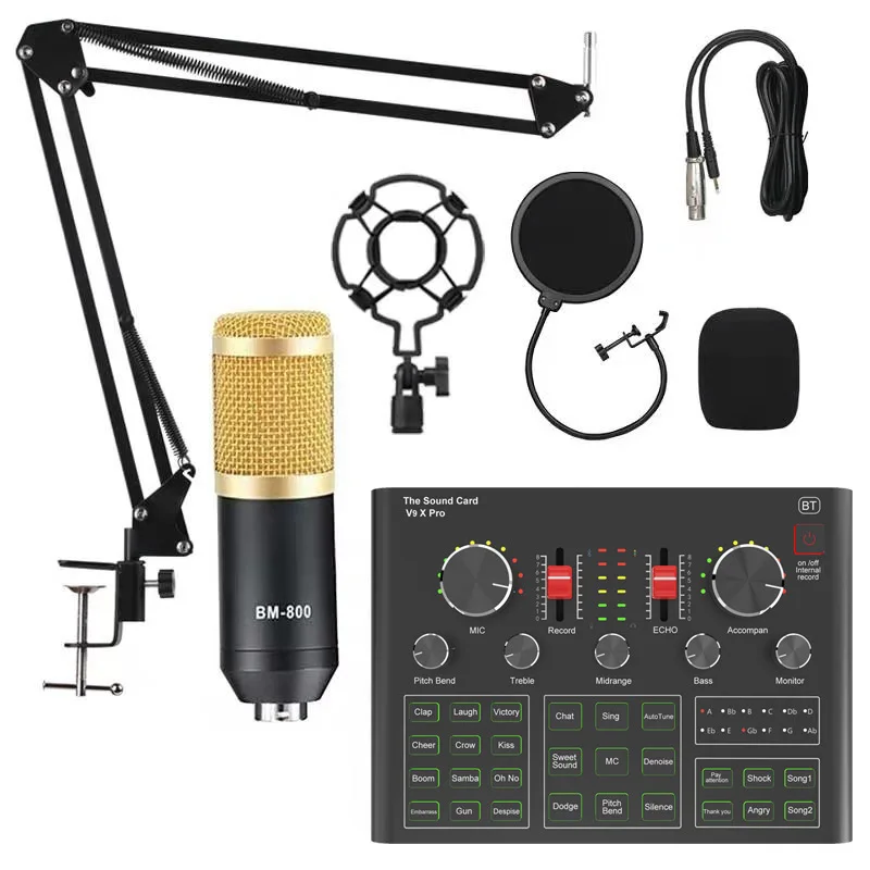 

BM800 V9X Pro Microphone Mixer Kit Audio DJ Condenser Sound Card Live Broadcast MIC Stand USB Wireless Recording