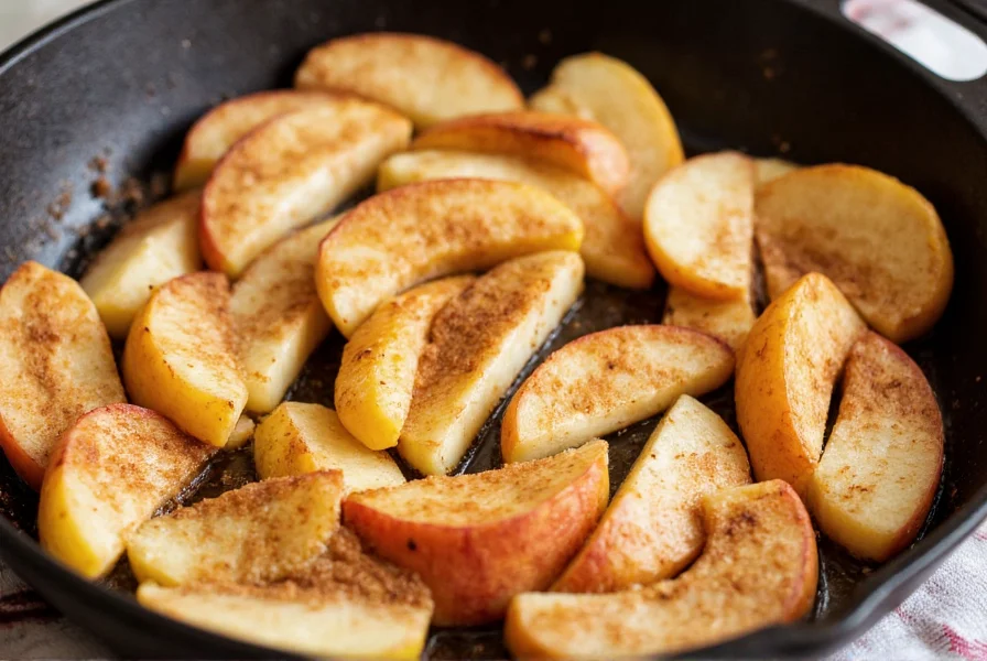 Freshly cooked cinnamon apples in a cast iron skillet with visible cinnamon swirls and tender apple slices