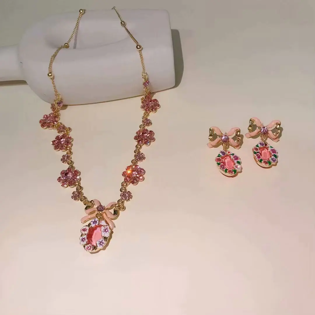 

Shangjie OEM joyas Women Fashion Jewelry Set Pink Diamond Earrings Crystal Girls Necklace Cute Bow Jewelry, Gold