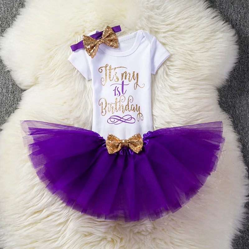 

3 pcs/set Baby girl tutu skirt set First 1st Birthday Newborn infant outfits headband T-shirt set Baby tulle lace mesh dress, 4colors