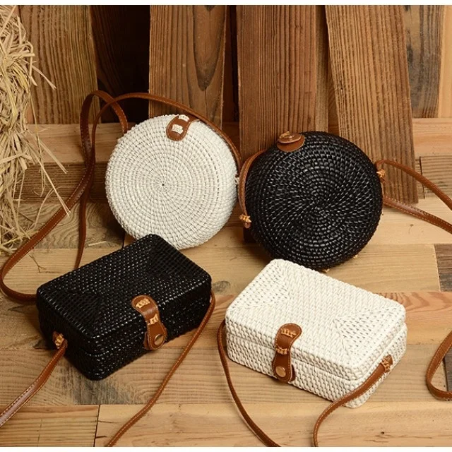 

Cute Mini Box Black White Cuboid Drum Type Women Bags Shoulder Small Braided Rattan Purses