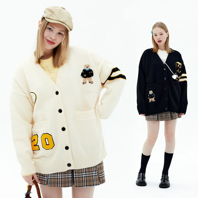 

commuter College style V-neck loose Trendy black Long sleeved lazy oversize kntwear Letter bear medal sweater cardigan