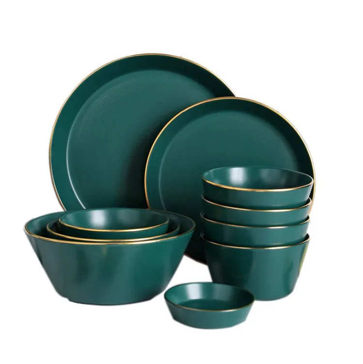 

Elegance fine matte dark green gold rim porcelain dinnerware sets crockery sets for home hotel