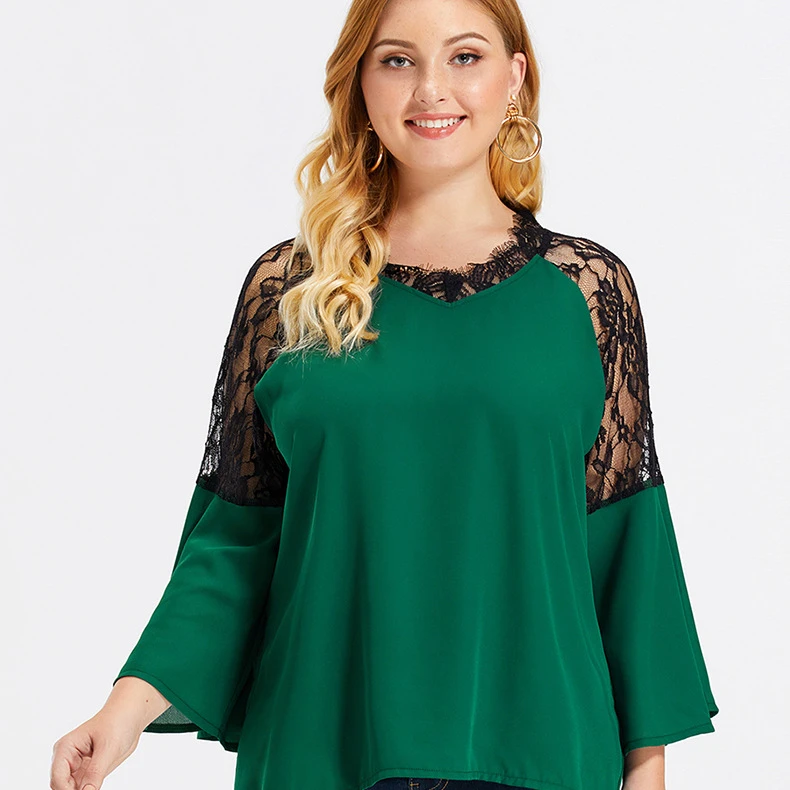 

2021 Fat Women Fashion Embroidery Sleeve Collar Chiffon Blouse Ladies V-neck Lace Flare Sleeve Chiffon Girls New Arrivals Blouse