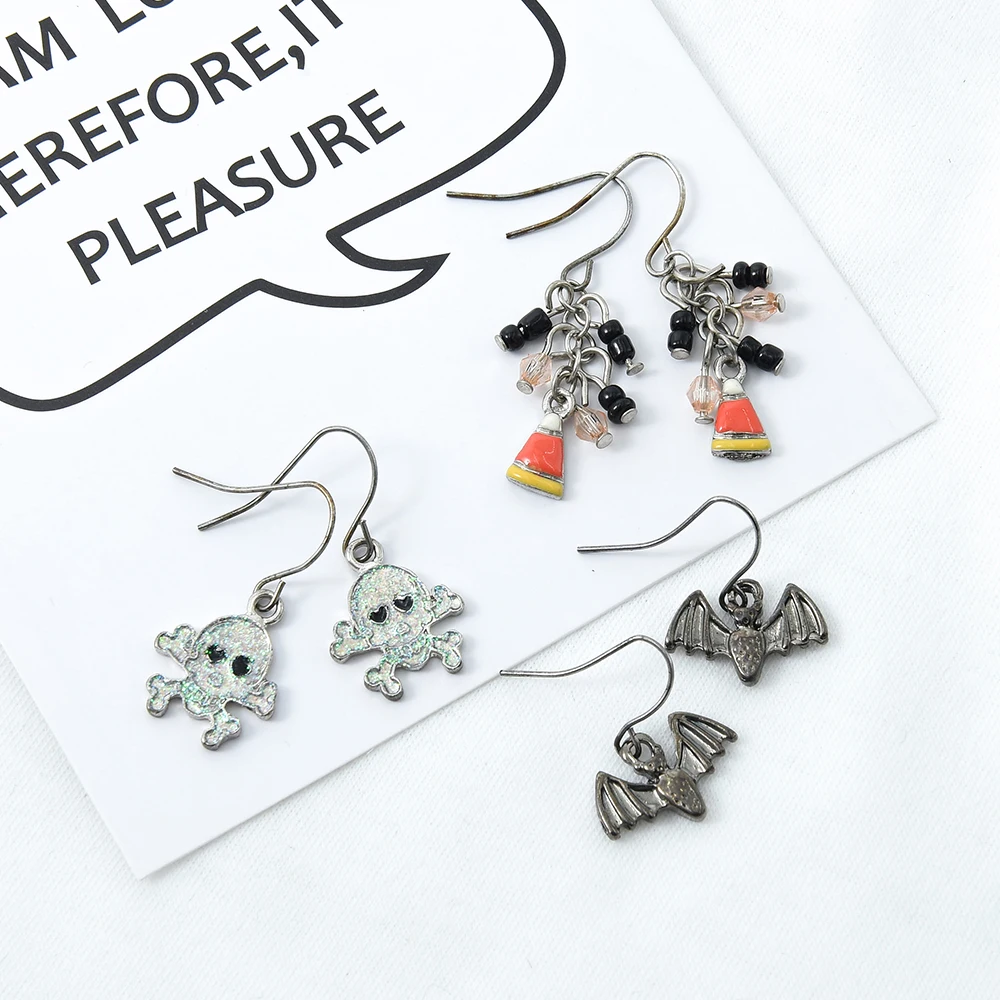 

Veijer Party Wear Silver Plated Halloween Earrings 3PC Set Skull Bat Pary Jewelry, Multi