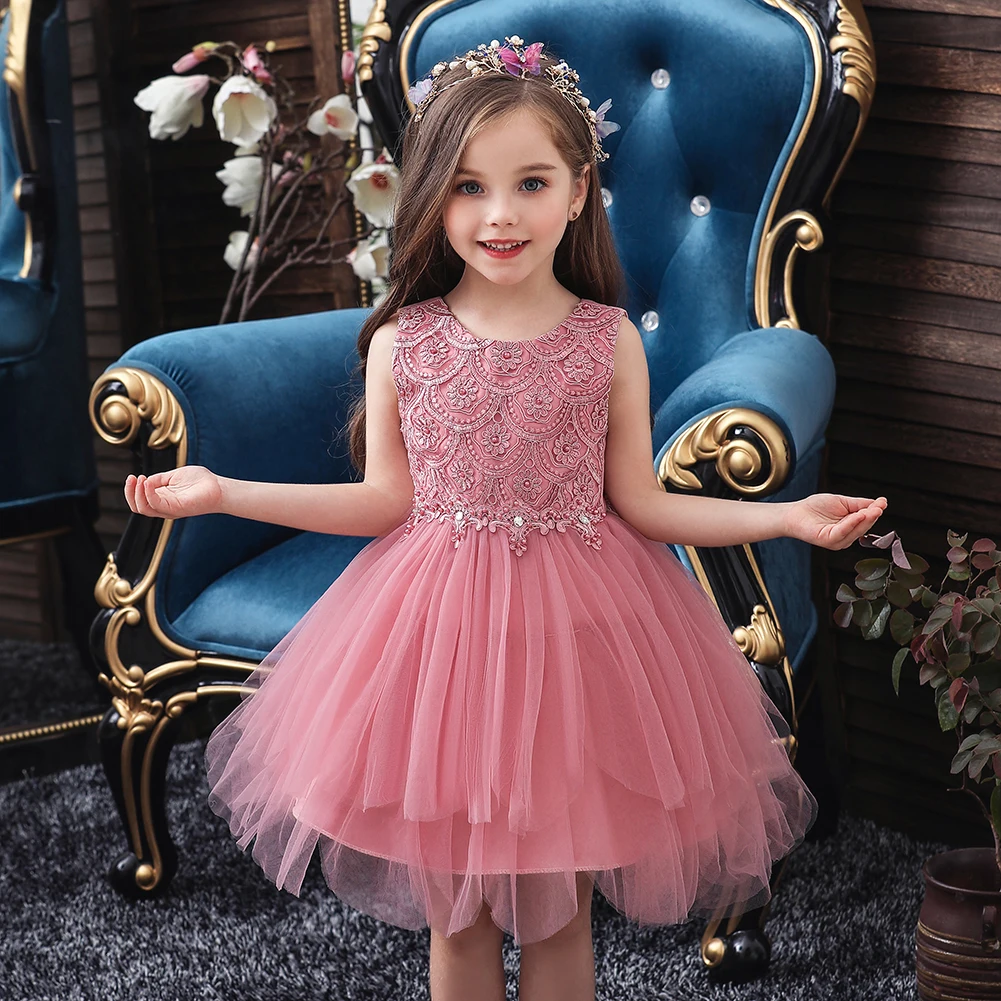 

Big bow lovely breathable princess kid dress for girl pink beaded layered tulle flower girl dress child 2-10 year