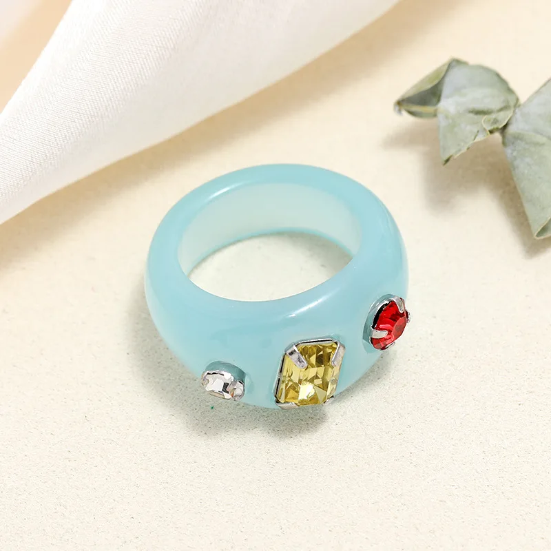 

New Colorful Transparent Acrylic Irregular Marble Pattern Diamond Studded Ring Resin Tortoise Rings for Women Girls Jewelry
