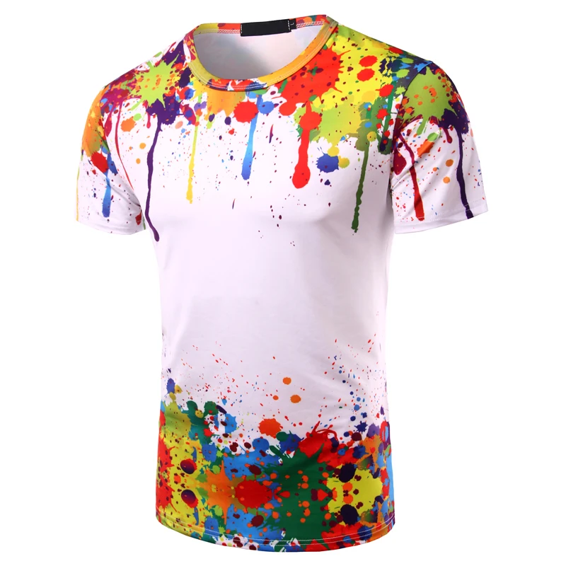 

European and American Mens Clothing Summer T-shirt Hawaiian Beach Short Sleeve White Coloful Print Paint Shirts For Men