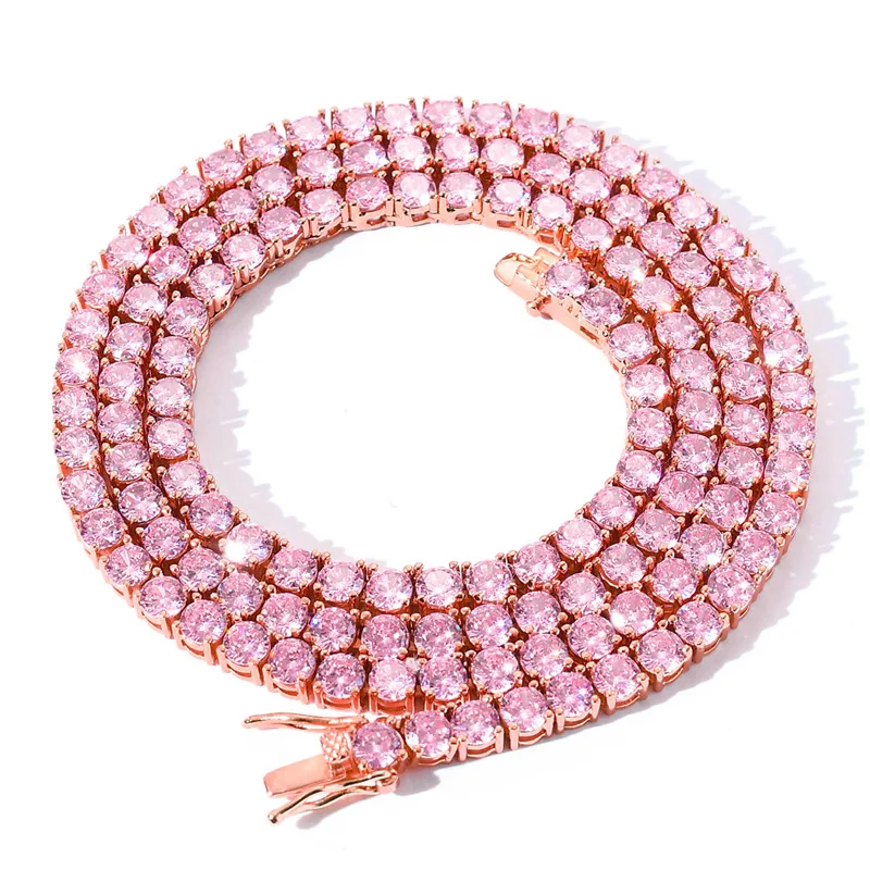 

5mm Custom color pink cute young style durable cuban chain chocker necklace rainbow colorful zircon pave tennis chain