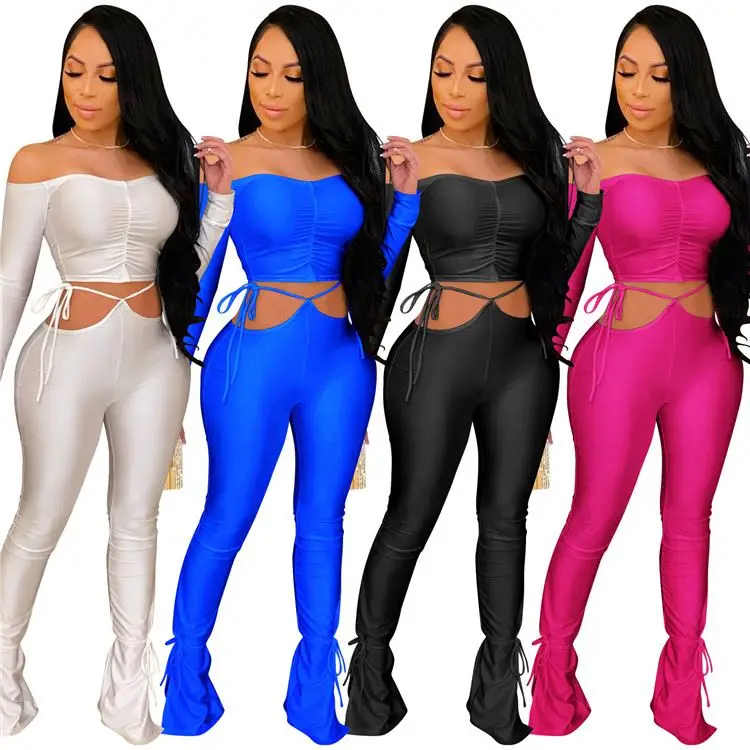 

Latest Design Womens Clothing 2020 Sexy Hollow Out Off Shoulder Bandage Solid Color Stacked Pants Two Piece Set