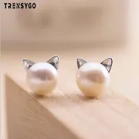 

925 sterling silver cute cat stud earrings with freshwater pearl jewelry for women and girls CY497