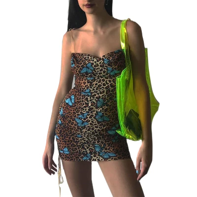 

FD2614 Sexy Women Spaghetti Strap Backless Sleeveless Mini Drawstring Summer Bodycon Butterfly Leopard Print Dress