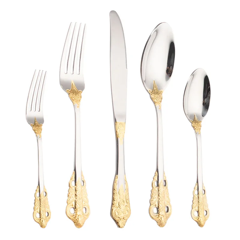 

Retro Elegant 304 Gold Flatware Sets Stainless Steel Silverware Luxury PVD Cutlery Sets For Hotel