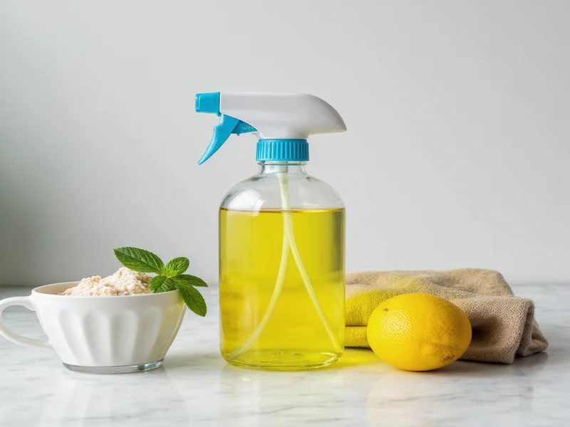 Homemade cleaner ingredients in glass spray bottle