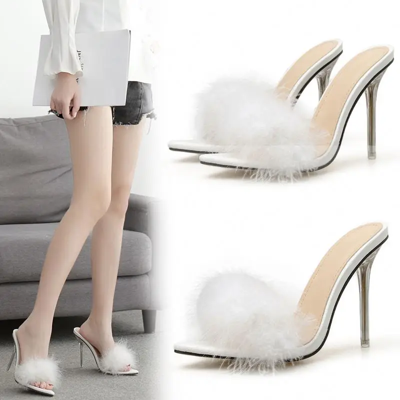 

European and American new fashion furry crystal heel sandals, White or customized