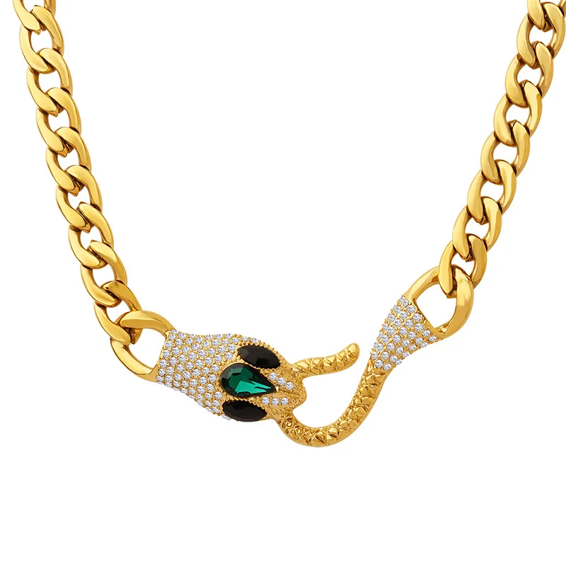 

Hip Hop Personality 18K Gold Plated Stainless Steel Thick Cuban Chain Necklaces Inlaid Zircon Snake Necklace Waterproof Jewelry