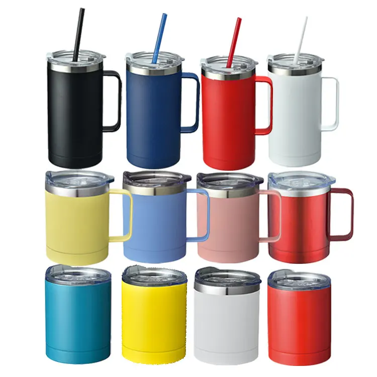

Wholesale Custom Logo Insulated Double Wall Stainless Steel Coffee Vacuum Travel Mug With Straw Lid Handle, Customized