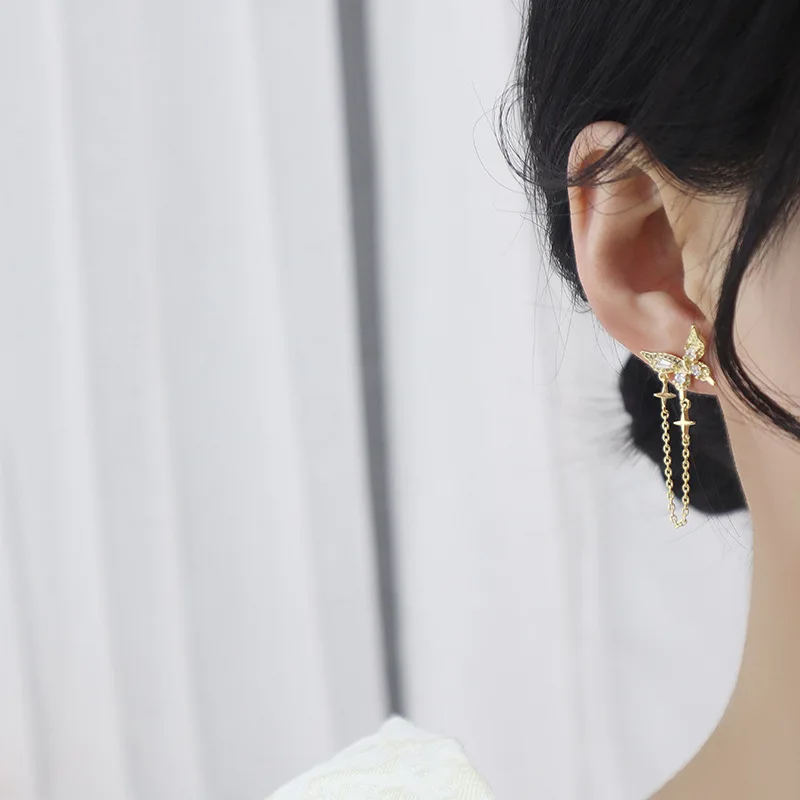 

Vershal A3-438 Luxury 14K Real Gold Plated Earrings Shiny Zircon Butterfly Tassel Earring For Women