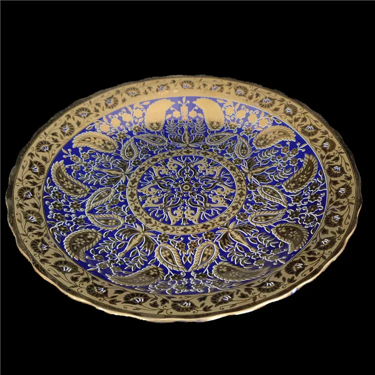 

New modern porcelain plate restaurant plates, dining blue gold figure round flat ceramic dinner plate