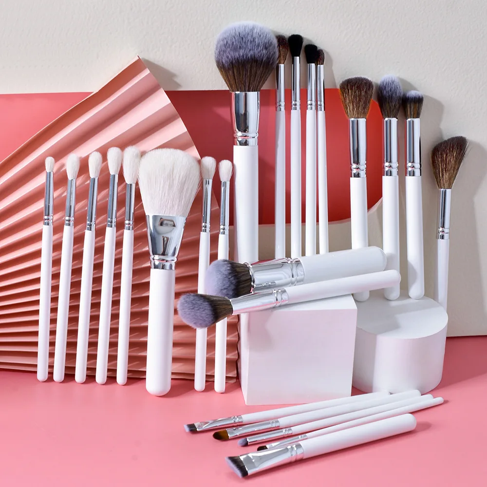 

White Makeup Brush Set 24/5/8/12/15pcs Goat Natural Hair Professional Makeup Brush White Private Label Support Customized Logo