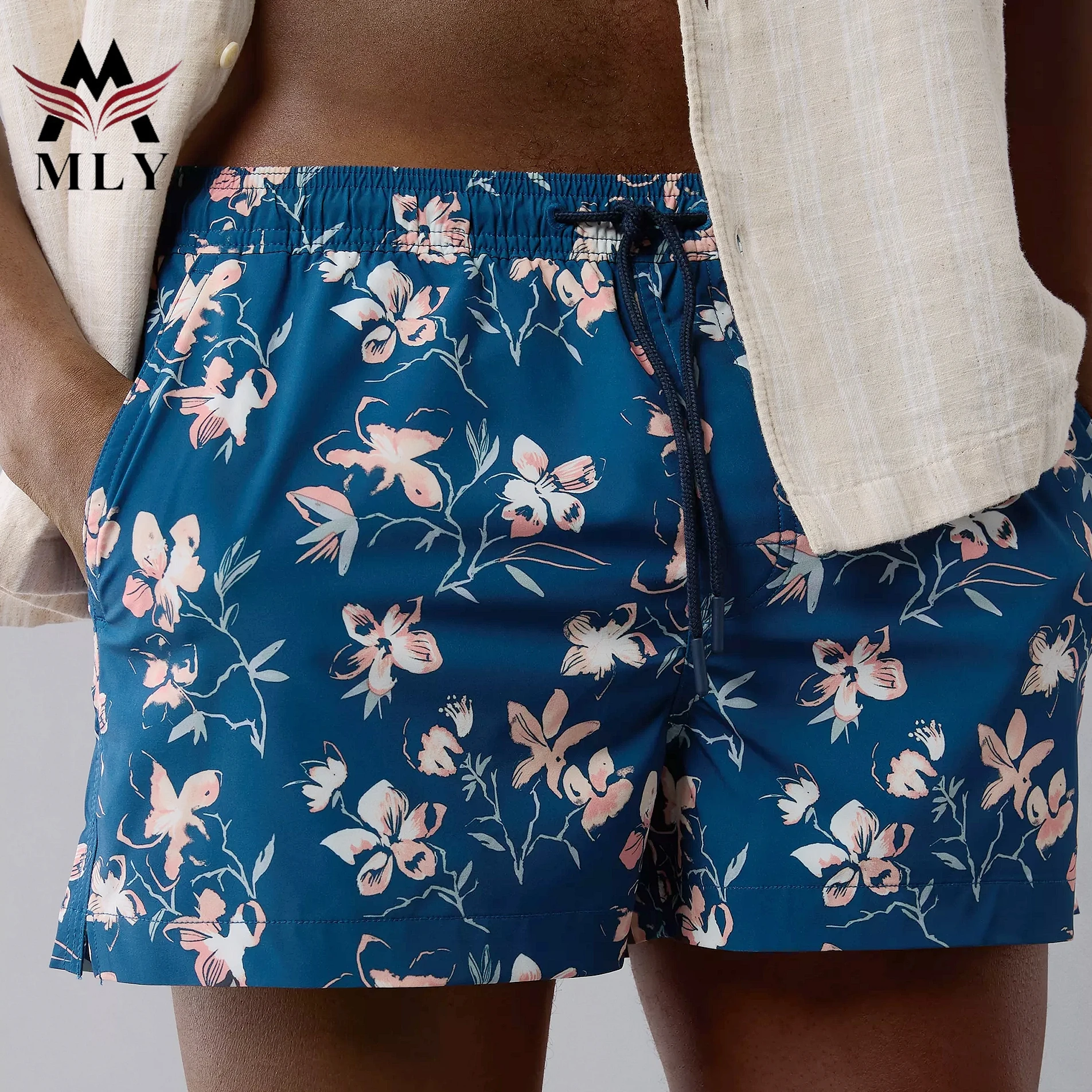 OEM Custom Print Men's Print Swim Shorts Quick-Drying Summer Beach Trunk Drawstring Swim Trunks Men's