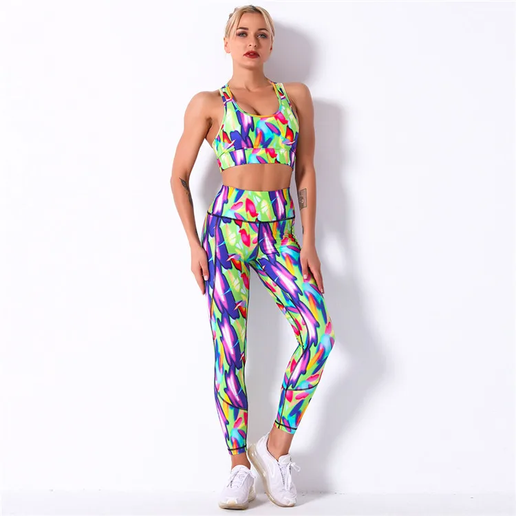 

Europe and America hot style custom logo digital print yoga fitness suit high waisted workout jogging yoga pants yoga bra set