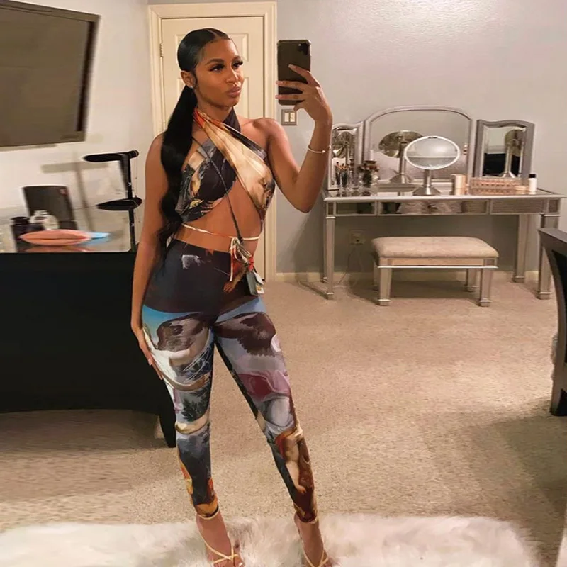 

Free Shipping R02084 - ladies fashion sleeveless printed strap crop top and pants outfit