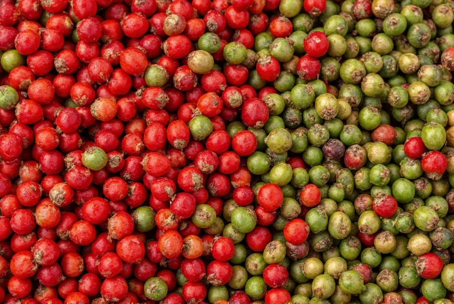 Close-up of red and green Sichuan peppercorns showing their distinctive berry-like structure and color variations