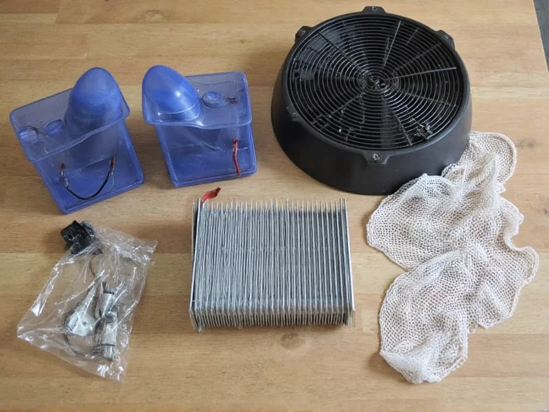 Homemade AC materials: fan, cooler, and mesh
