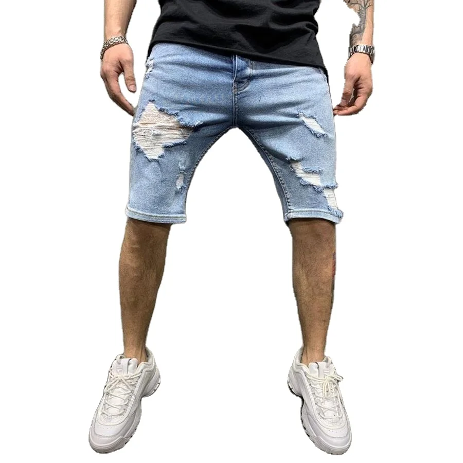 

2020wish Amazon hot sale European and American white tight-fitting ripped denim pants, solid color trendy men's pants