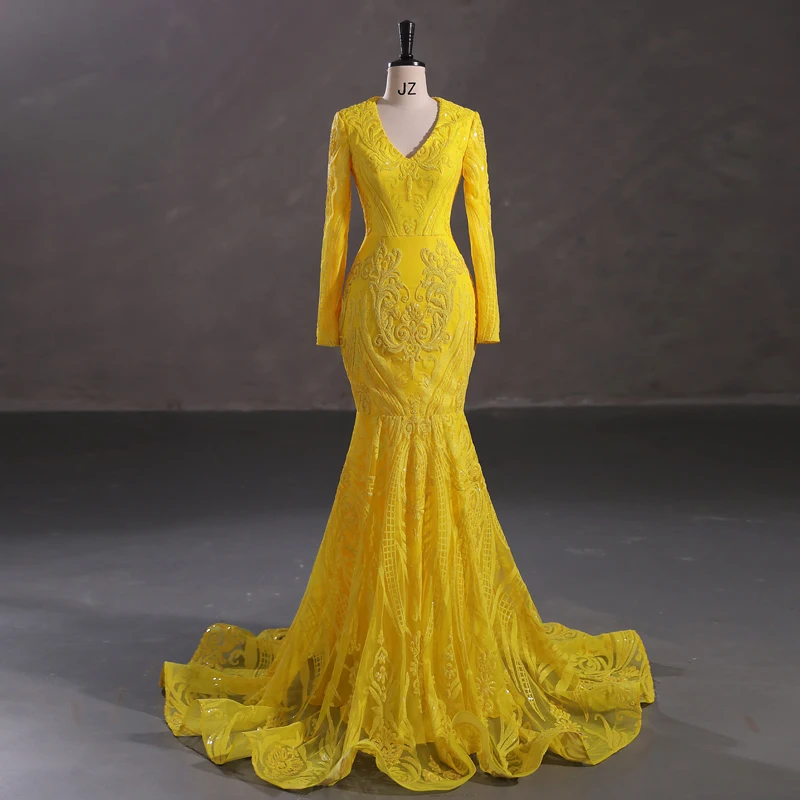 

2022 Ladies Formal Party Gown Mermaid Pattern Long Sleeve Sequin Evening Dresses in SIlver Yellow