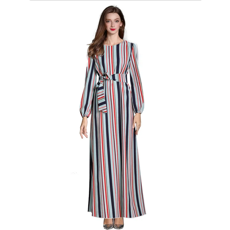 

Women fashion loose strip print long sleeve Muslim dress to the ground