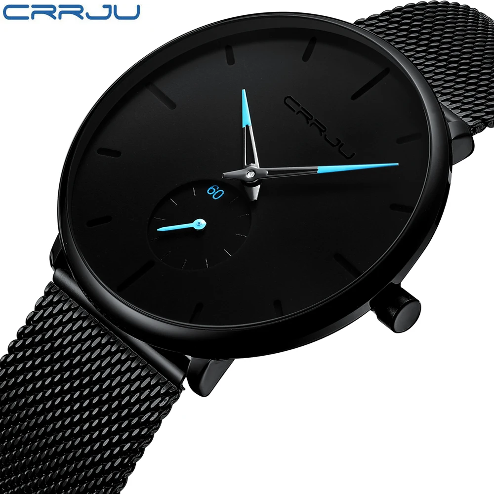 

Crrju top brand men's fashion watches luxury quartz watch Casual slim steel mesh sports waterproof watch, 6 colours
