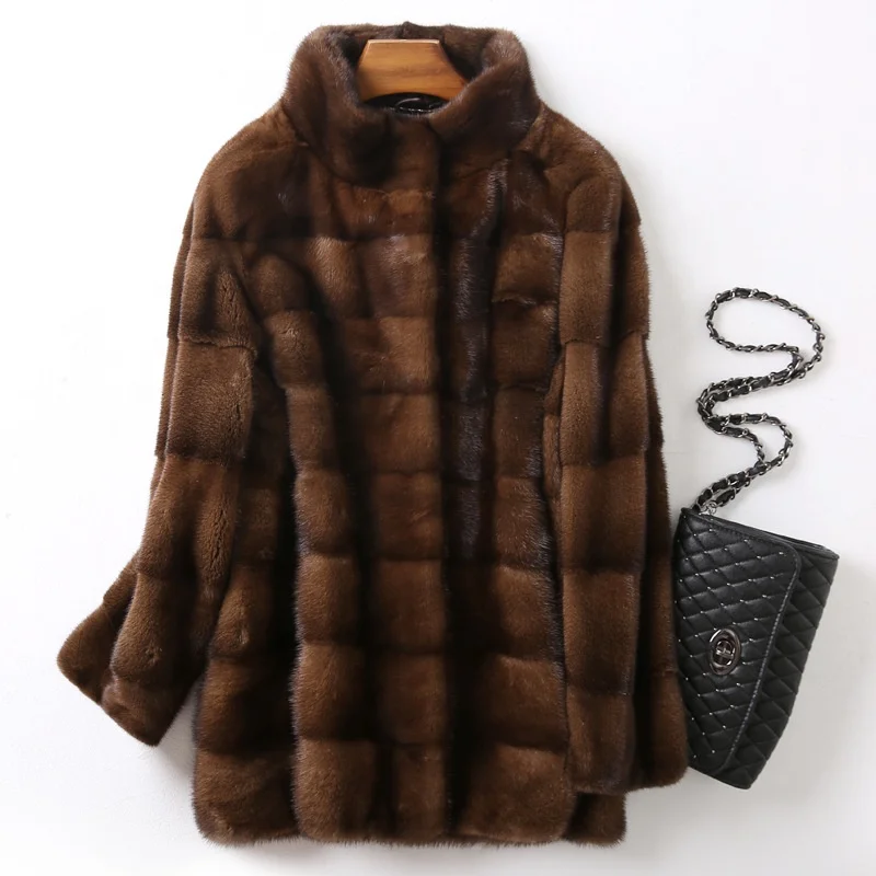 

New Luxury Elegant Fashion Real Imported High-end Mink Fur Standing Collar Long Coat With Whole Mink Skin, Coffee