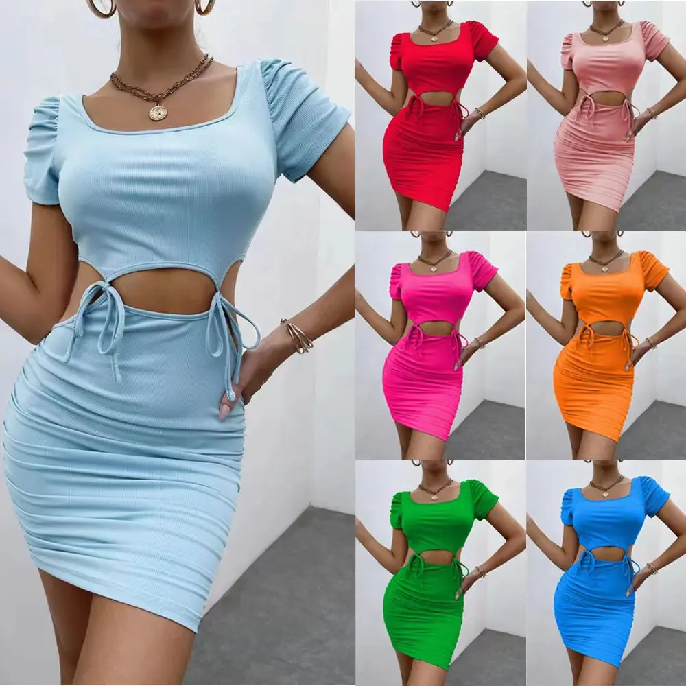 

Plus XXXL Size 2022 Summer Solid Color Short Sleeve Hollow Out Bandage Mini Dress night Club Women's Ribbed Dresses, 2 colors