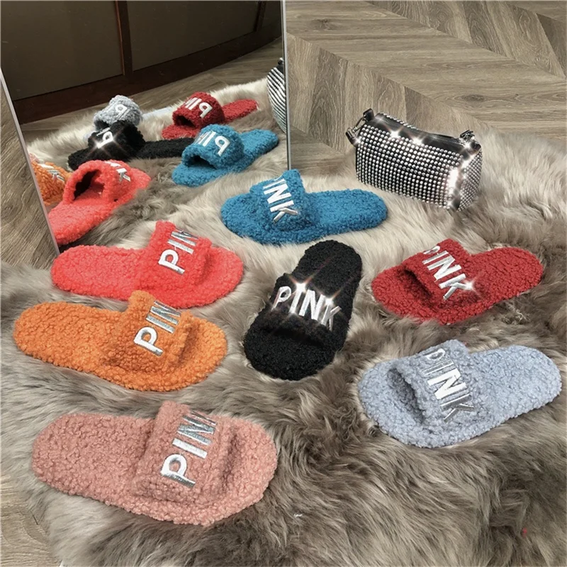 

Hot sell softy fur women slippers fashion fur slippers candy-colors sandals light-weight sandals comfortable casual wear ladies, Red / black / blue / grey / pink / orange / plum