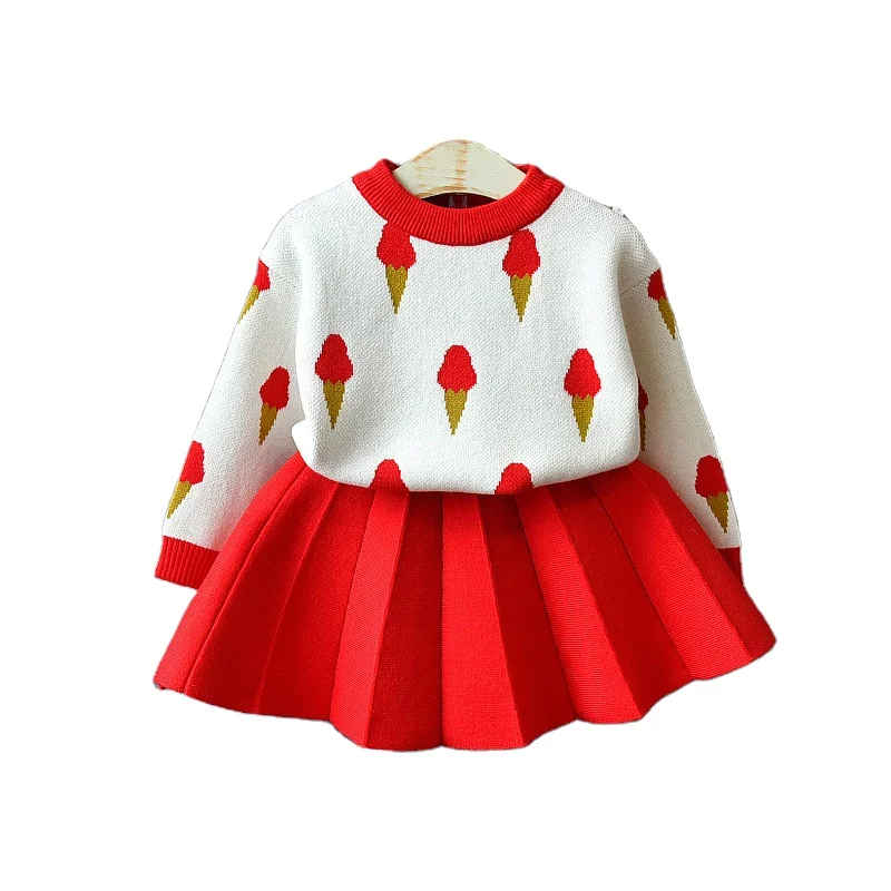 

KYO Korean Children's Autumn Girl Red Sweater Western-style Suit Baby Knit Sweater Skirt Two-piece Suit