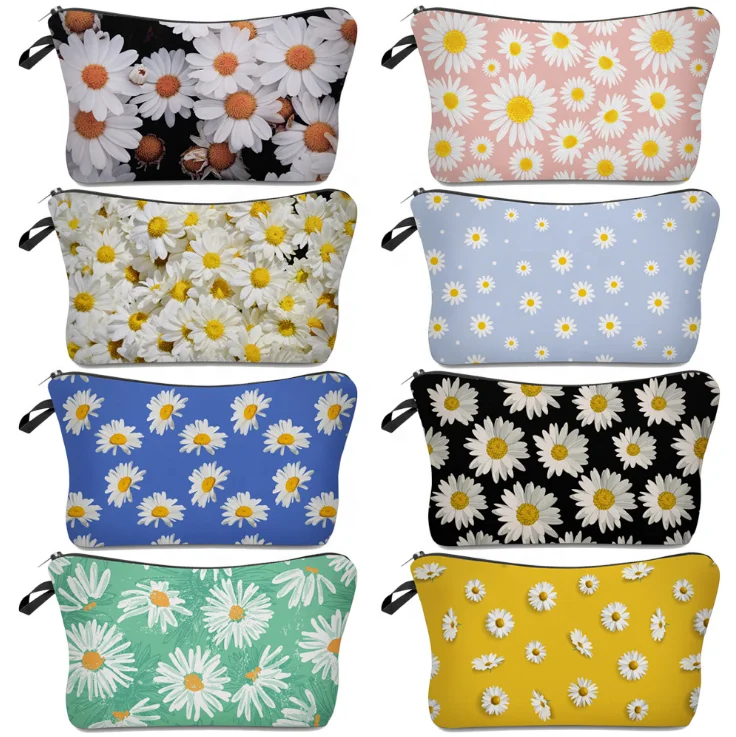 

Daisy Flowers Makeup Bag Cosmetic Bags Toiletry Bag Canvas Zipper Makeup Pouch Daily Storage Women Purse