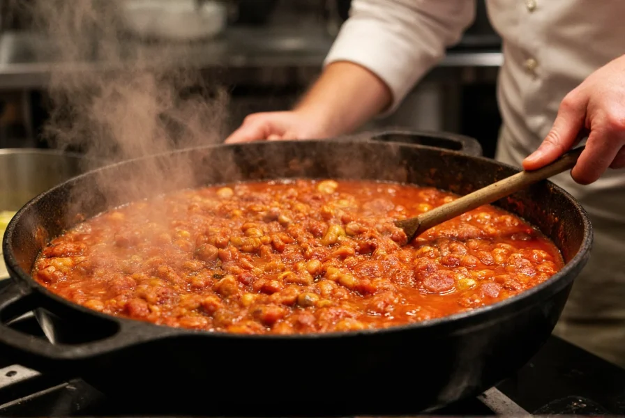 Professional chef stirring large pot of chili with steam rising, showing rich red color and visible meat chunks