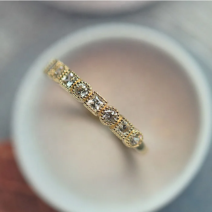 

High quality brass 14K gold plated dainty vintage mirco inlay shiny cubic zirconia rings for women jewelry