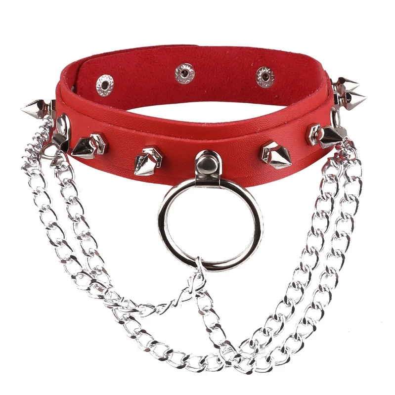 

iEFiEL Unisex PU Leather Adjustable Choker Necklace with O Rings Chains Rivets Punk Gothic Club Party
