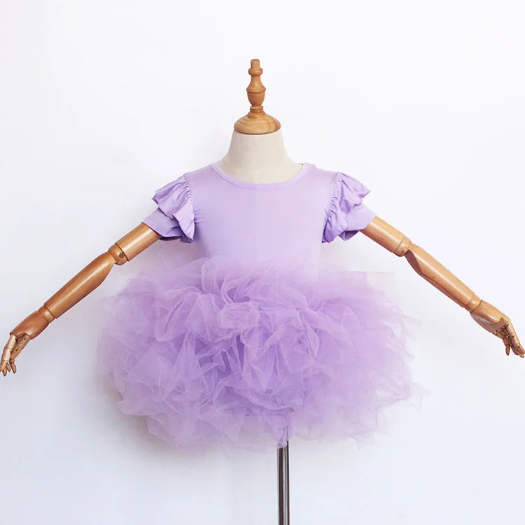 

wholesale elastic summer fly short sleeve kids purple dress