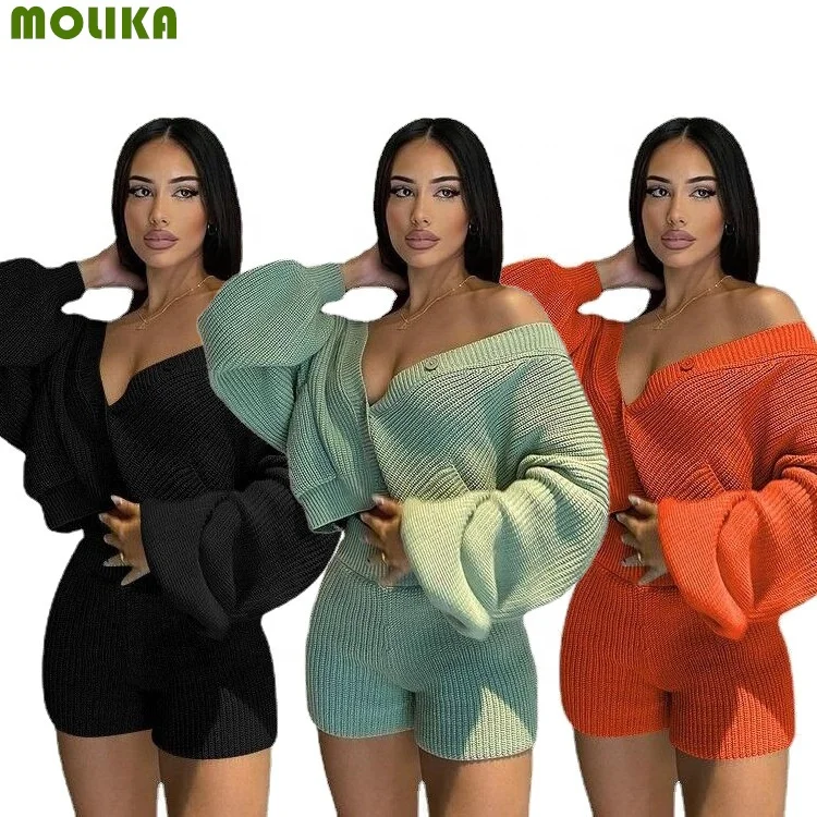 

2022 Women Knit Stylish Winter Sets Two Piece Short Sweater Pants Sweater Suit Women's Sweater 2 piece set women, 3 colors