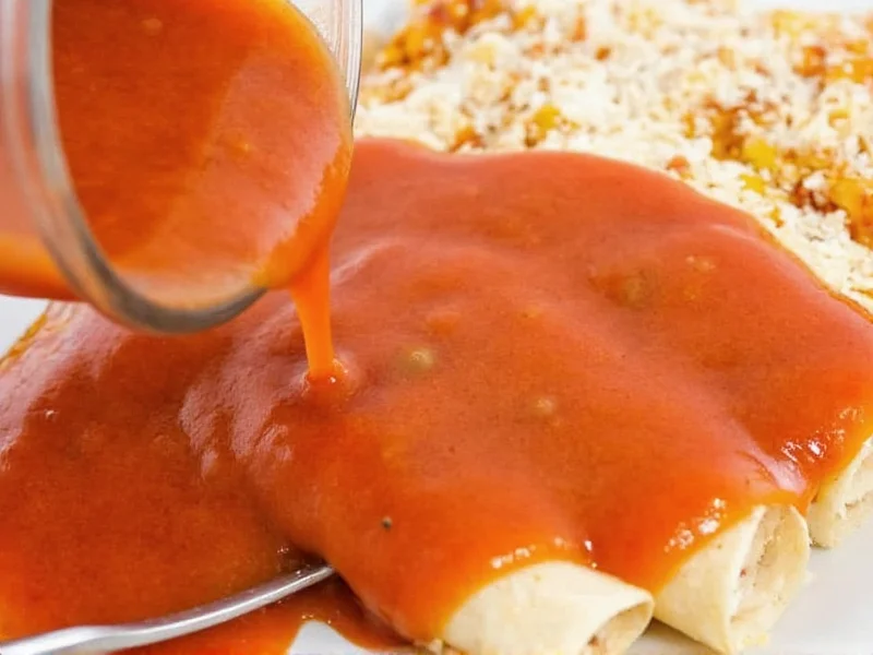 Homemade enchilada sauce poured over chicken enchiladas