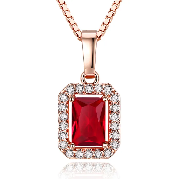 

Women Luxury Rose Gold Plated Red CZ Crystal Necklace Rectangle Red Ruby Necklace With Box Chain