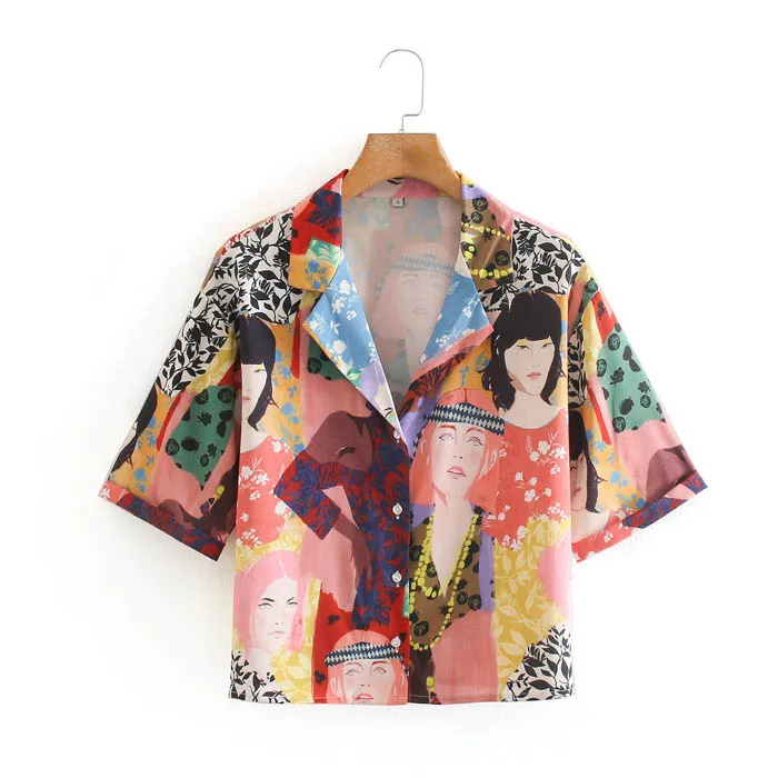 

D779 New 2020 Vintage Character Print Notched Neck Short Blouse Women Shirts Clothing Wholesale