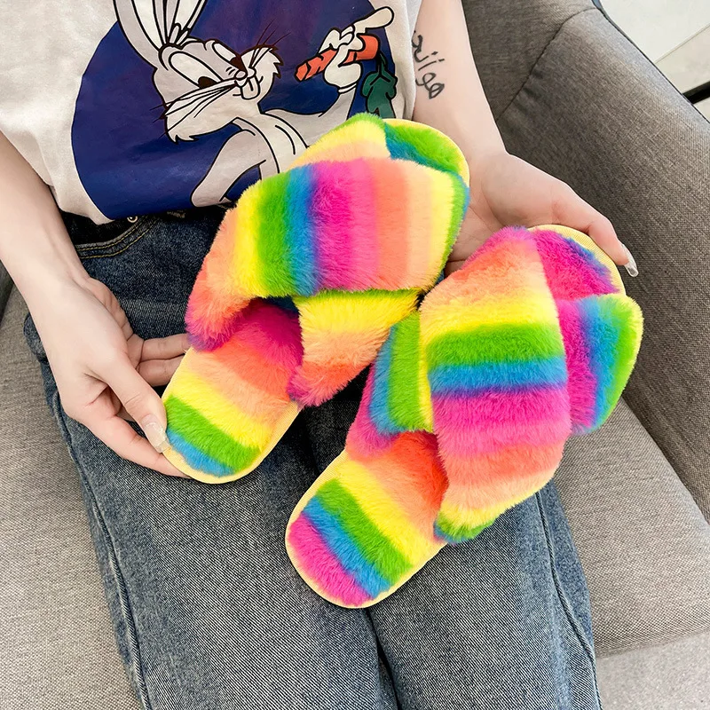 

Fashion Warm Faux Fur Colorful Fluffy Slides Winter Plush Fuzzy Indoor Home Slippers for Women, See color options