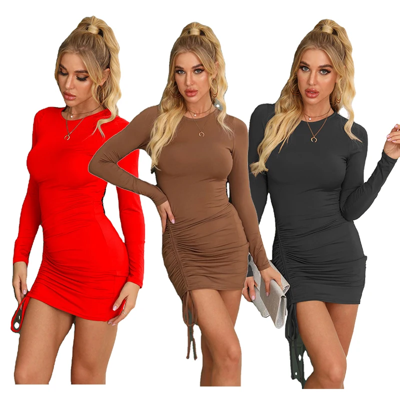

Sexy Drawstring Folds Solid Color Dress Long Sleeve O Neck Bodycon Bag hip Dresses Women Clothing, Black, red, brown