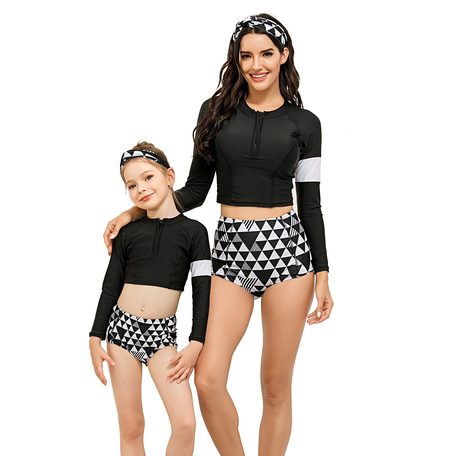 

Trendy Headband Crop Long Sleeve Swimsuit Black Geometric Bathing Suits Mummy and Me Women Surf Swimwear